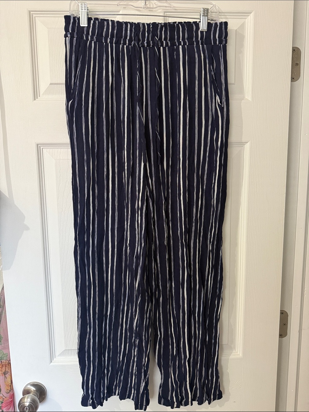 Crepe Style Navy and White Vertical Stripe Wide-Leg Pants